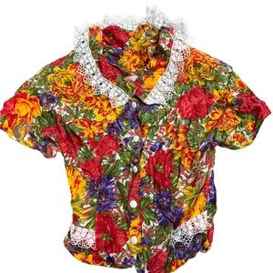 Vintage Red and Yellow Floral Blouse